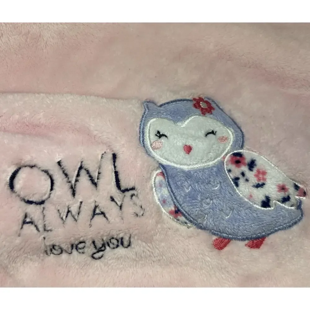 Carters Owl Always Love You Baby Blanket Pink Blue Floral Trim Plush - READ